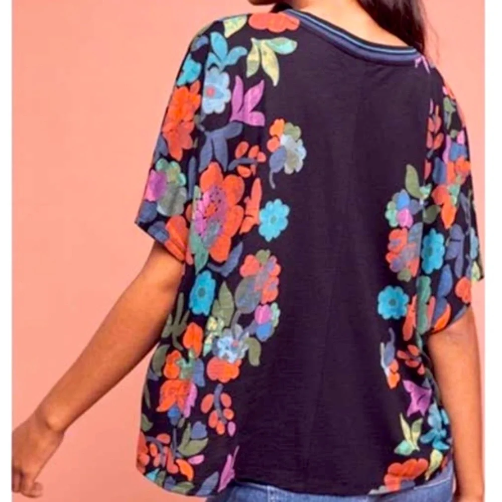 Anthropologie Black Floral-Accent Tee with Multicolor Blooms - Picture 2 of 8